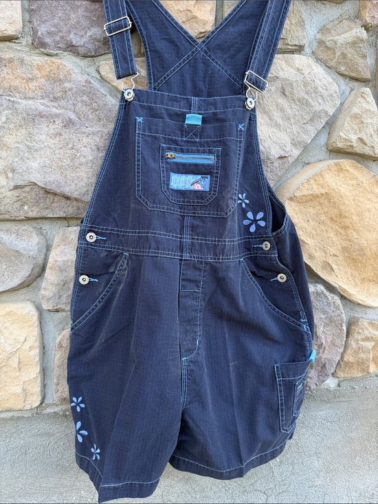 Disney Pants - Disney Eeyore 💙 Navy Denim Cargo Short Overalls with Light Blue Floral Accents